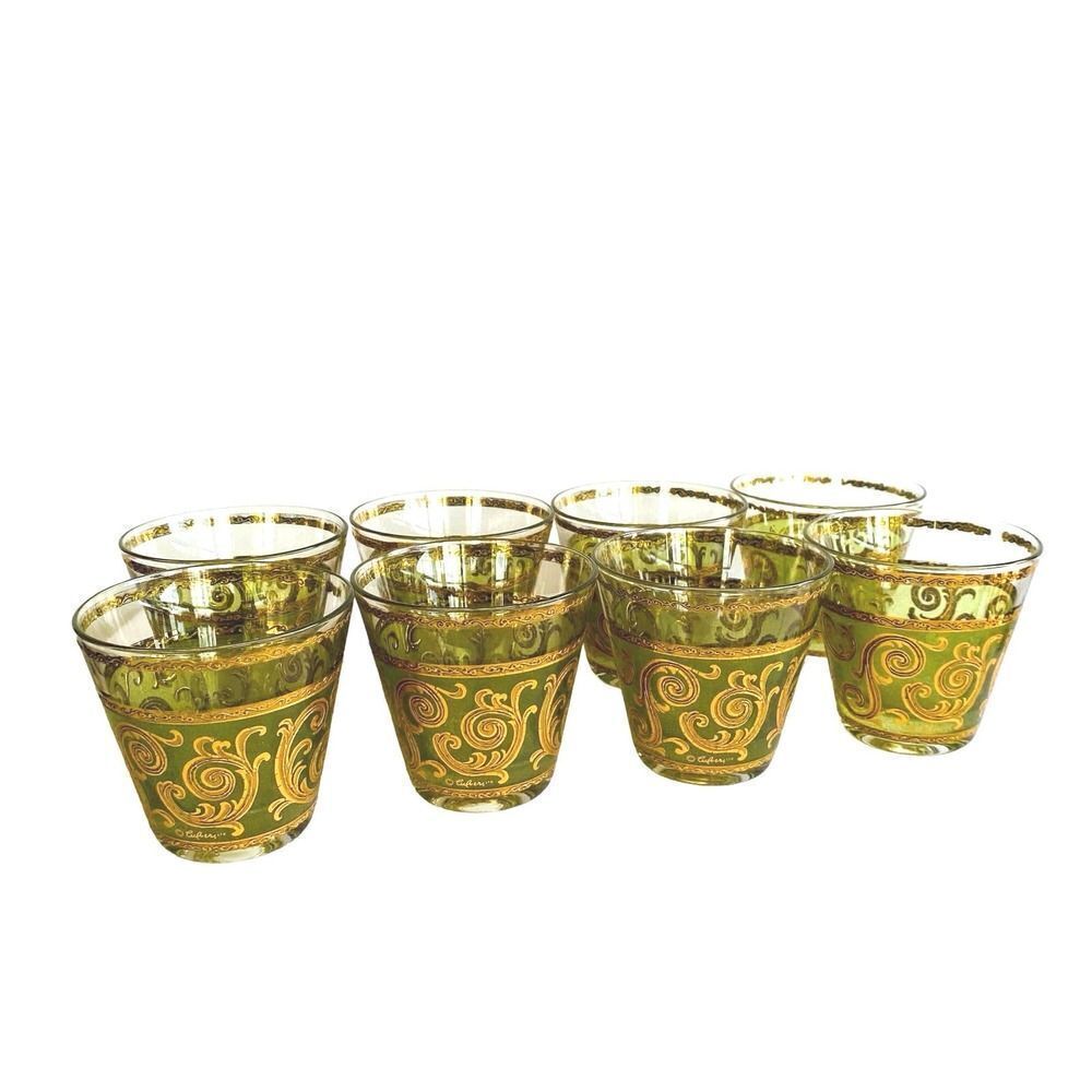 Vintage MCM Culver Glassware set of 8 - Toledo Suburbans Green and Gold